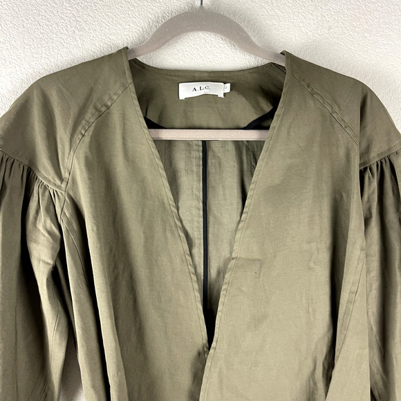 ALC Kendrick Blazer Jacket Womens 4 Green Belted Puff Sleeve Linen Blend Minimal - Picture 4 of 16